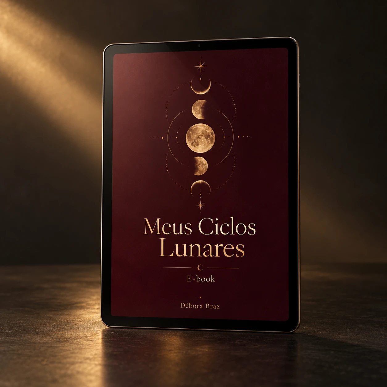 Mockup ilustrativo do e-book Meus Ciclos Lunares em um tablet