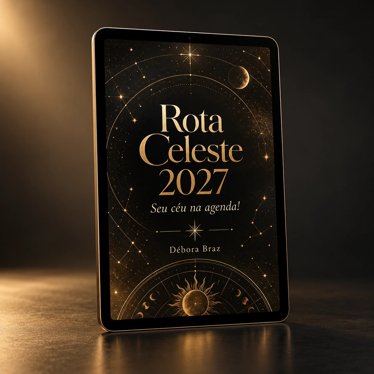 Mockup ilustrativo do guia digital Rota Celeste 2027 em um tablet